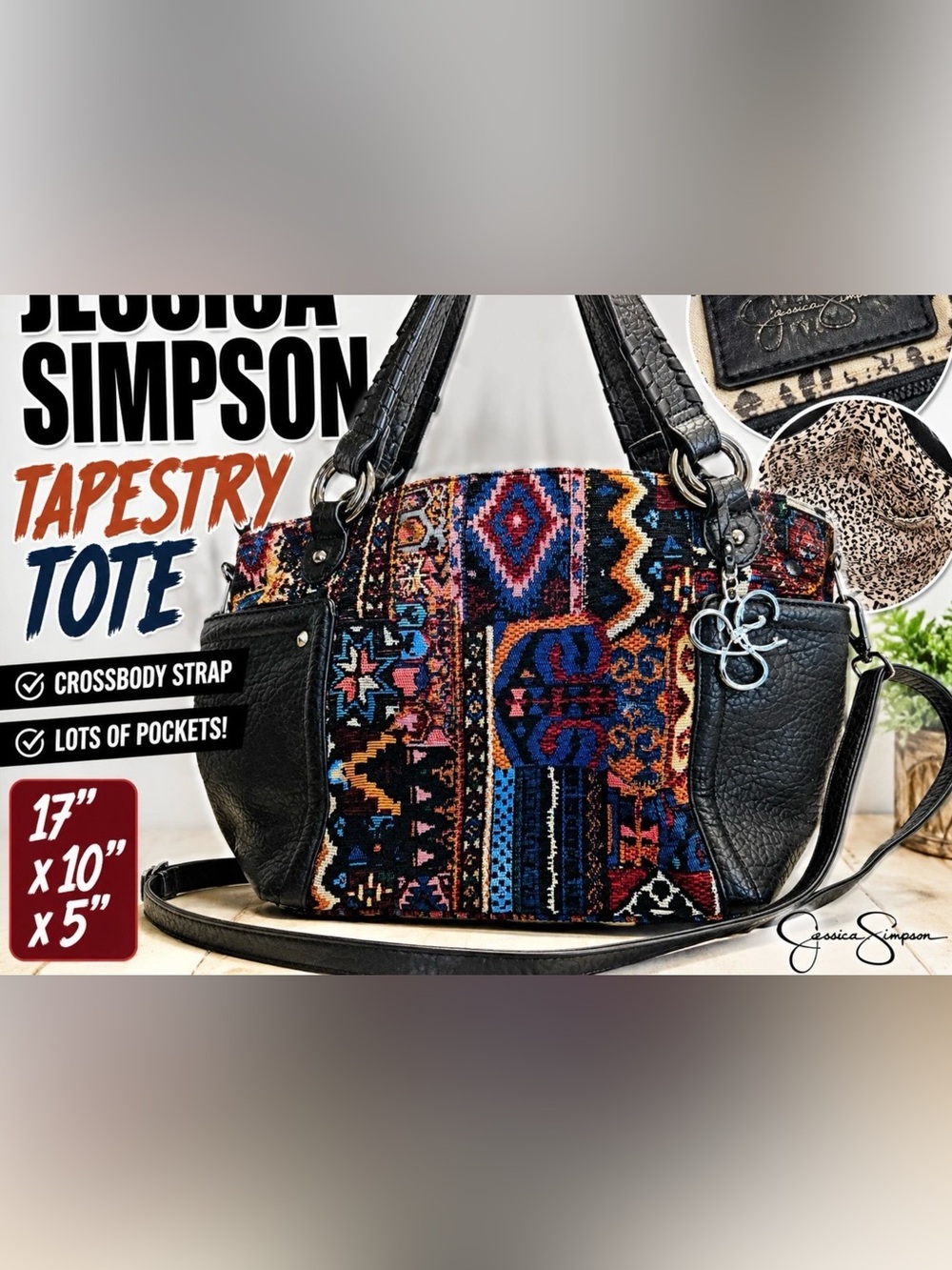 Jessica Simpson Black Multi Tapestry Tote with Crossbody Strap